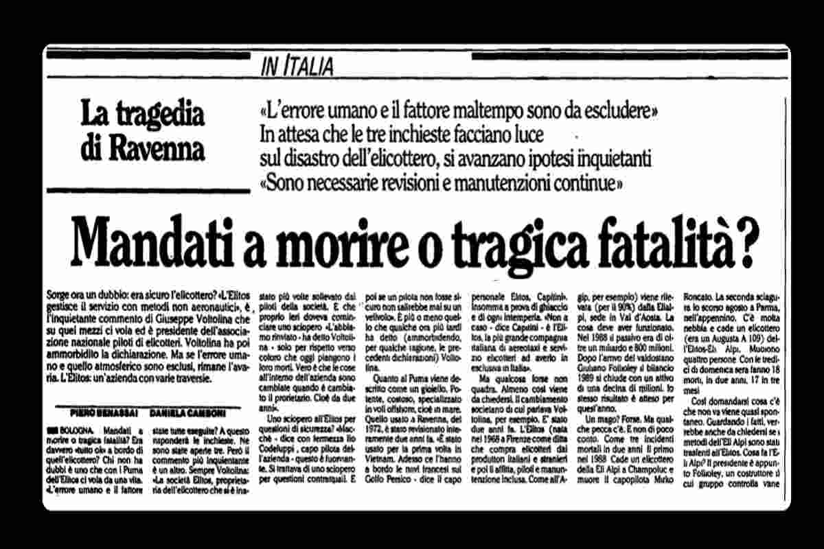 giornale dell'epoca con la notizia dell'elicottero precipitato