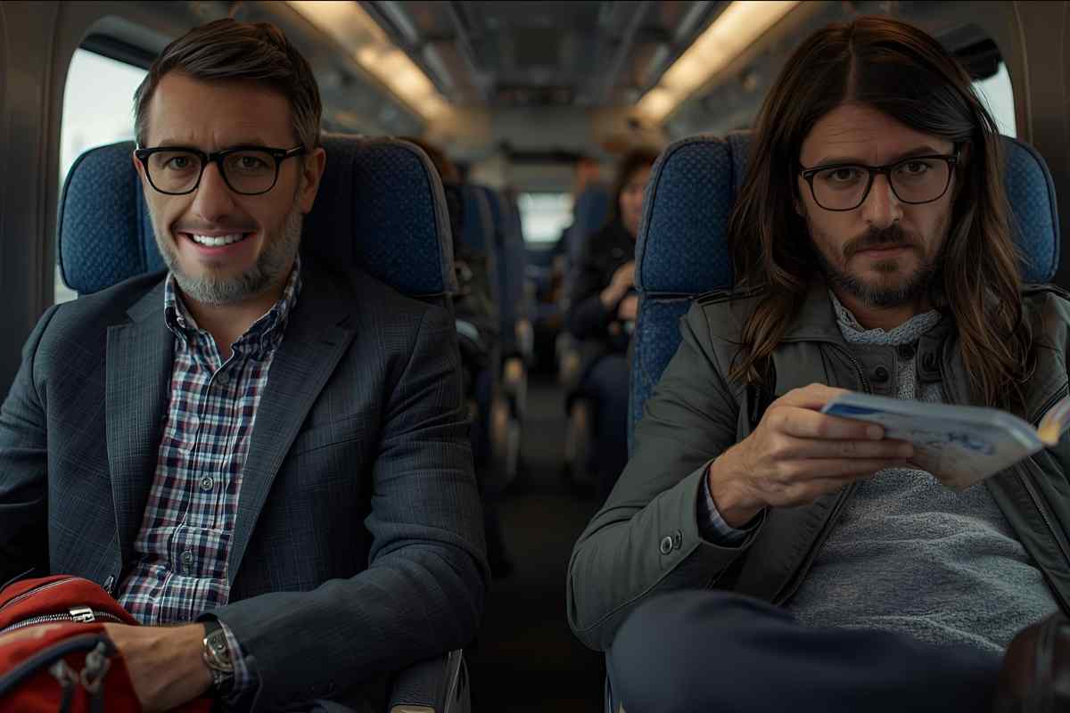 compagni di viaggio, uno sorride e l'altro no