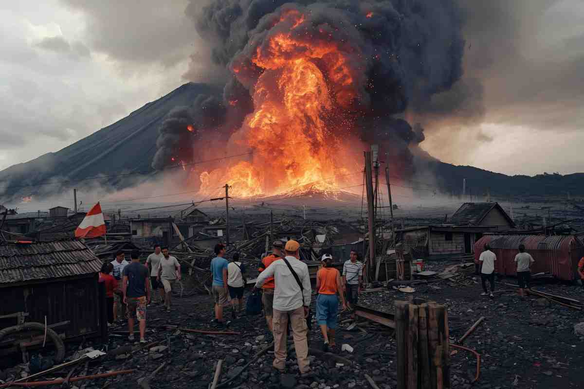persone guardano un vulcano eruttare